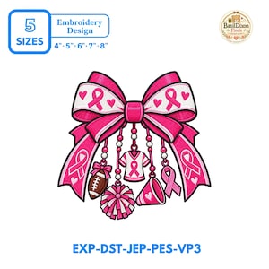 Breast Cancer Awareness Bow Embroidery Design Pink Ribbon Cheer Football Sports Machine Embroidery File Digital Download