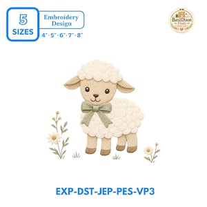 Op de afbeelding: Een borduurontwerp met een crèmekleurig lammetje met een saliegroene strik om de nek, staand naast twee kleine witte bloemen. De tekst luidt 5 SIZES 4" 5" 6" 7" 8" en EXP-DST-JEP-PES-VP3, met een BasilDixon Finds logo.