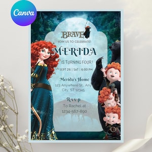 Könnte beinhalten: Eine Party-Einladung mit der Figur Merida aus dem Film Brave. Die Einladung enthält den Text "Merida wird vier!" und Veranstaltungsdetails. Das Design integriert Waldmotive und Zeichentrickfiguren.