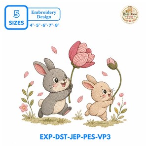 Könnte beinhalten: Ein Stickmuster mit einem grauen und einem beigen Hasen, die rosa Blumen halten, umgeben von kleinen Pflanzen und fallenden Blütenblättern. Der Text enthält 5 SIZES 4" 5" 6" 7" 8" und EXP-DST-JEP-PES-VP3. Ein BasilDixon Finds Logo ist zu sehen.