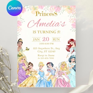 Könnte beinhalten: Eine Geburtstagseinladung zum Thema Prinzessin mit dem Text "Princess Amelia's IS TURNING 5!". Sie ist mit Illustrationen von Prinzessinnen und floralen Akzenten verziert. Die Einladung enthält Datum, Uhrzeit und RSVP-Informationen.
