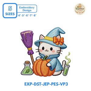 May include: An embroidery design featuring a white cat wearing a blue witch hat with an orange bow, holding an orange pumpkin. Beside the cat is a purple broom, a flask with green liquid, and a test tube with green smoke. Text reads 5 SIZES 4" 5" 6" 7" 8".