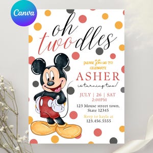 Könnte beinhalten: Eine Geburtstagseinladungskarte mit einer Zeichentrickmaus in roten Shorts und gelben Schuhen. Der Text lautet oh twodles, please join us to celebrate Asher is turning two, July 26, Sat 2:00PM, 123 Mouse street town, State 12345, Rsvp to kayla at 123.456.5555.