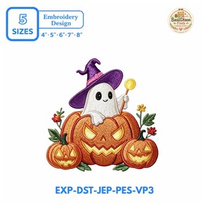 Witch Ghost In Pumpkin Embroidery Design, Spooky Hat Wand Machine File, Halloween Stitch, embroidered pattern for seasonal apparel