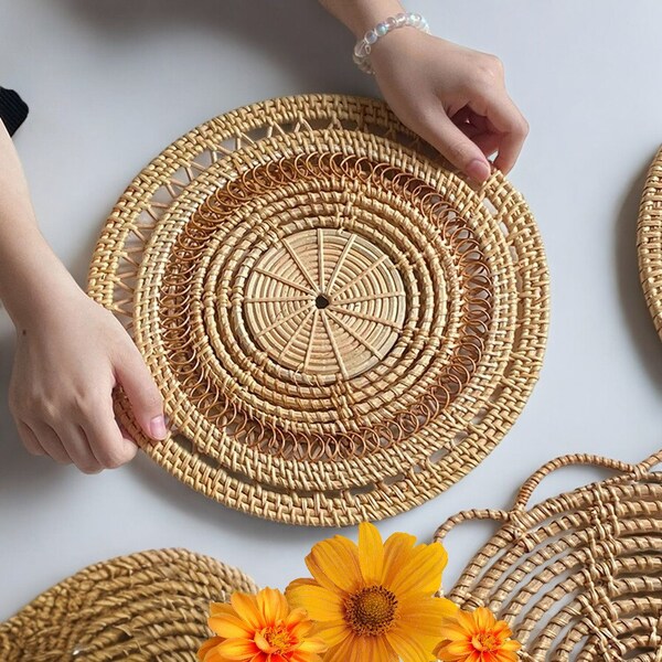 Macrame Placemats Handmade Rattan Woven Boho Coaster Modern Farmhouse Fringe Placemats for Dining Table Kitchen Wedding Decor