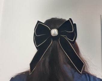 Bow Hair Clips with pearls & rhinestones  luxe Velvet Jewelry Spring Clips Big Bow Hairpin Exaggerated Hair Accessories