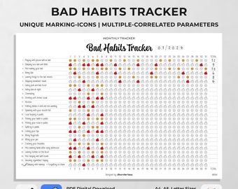 Bad Habits Tracker - Monthly, Weekly - 27 Most Common Bad Habits, Unique Marking Icons, Dare to Change for Better - A4, A5, Letter size, PDF