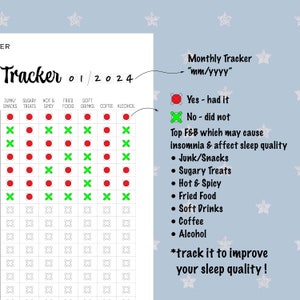 Sleep and Anti-Insomnia Monthly Tracker Marking for hours, weekend, holiday FnB which may cause insomia A4, Digital & Printable PDF image 3