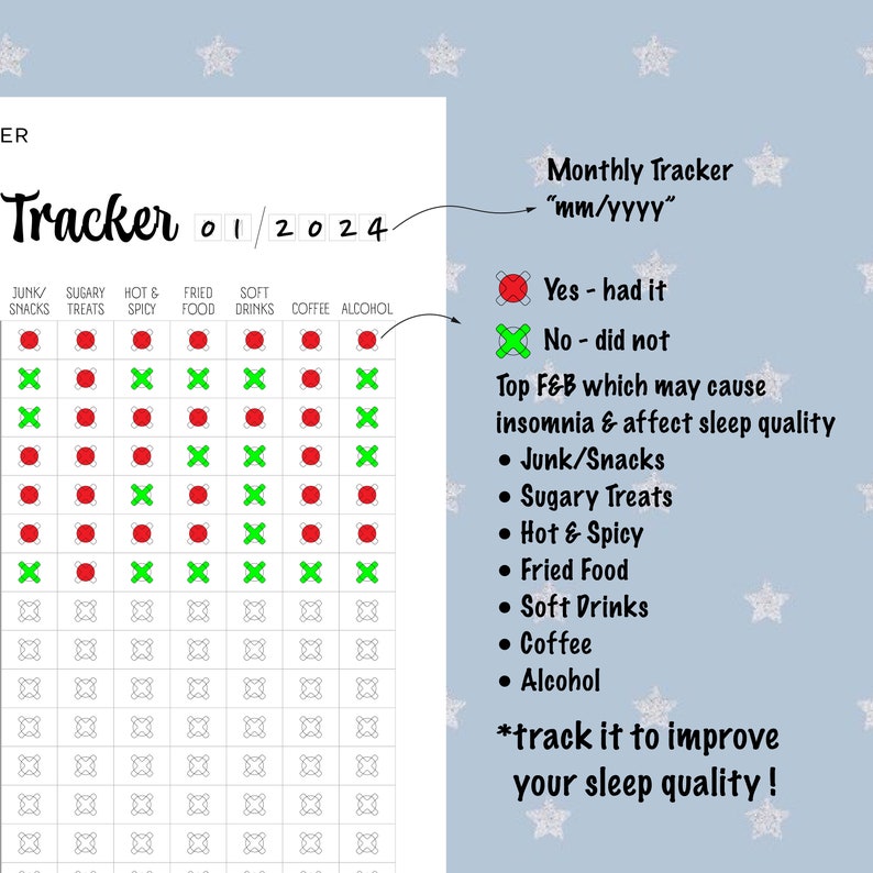 Sleep and Anti-Insomnia Monthly Tracker Marking for hours, weekend, holiday FnB which may cause insomia A4, Digital & Printable PDF zdjęcie 3