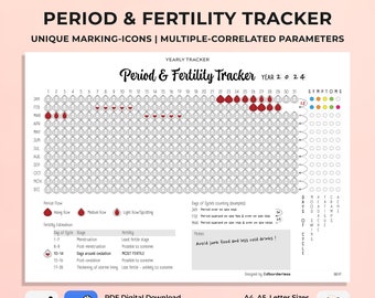 Suivi des règles et de la fertilité - Annuel, trimestriel - Flux menstruel, estimation de la fécondité, symptômes, jours du cycle - A4, A5, format lettre, PDF