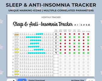 Sleep and Anti-Insomnia Monthly Tracker - Marking for hours, weekend, holiday - FnB which may cause insomia - A4, Digital & Printable PDF