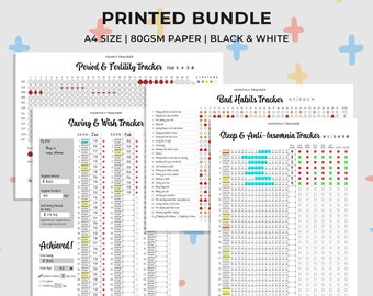 Printed Bundle Monthly and Yearly Trackers - Sleep and Anti-Insomnia, Saving and Wish, Period and Fertility, Bad Habits - A4 Size, 80gsm B/W