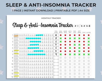 Tracker mensile del sonno e dell'anti-insonnia - Segna orari, fine settimana, vacanze - FnB che può causare insomia - A4, PDF stampabile ©dborderless