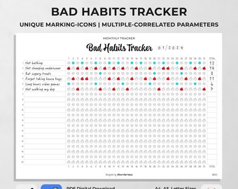 Bad Habits Tracker - Monthly, Weekly - Template 20-Rows Version, Unique Marking Icons, Dare to Change for Better - A4, A5, Letter size, PDF