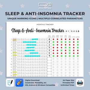 Sleep and Anti-Insomnia Monthly Tracker Marking for hours, weekend, holiday FnB which may cause insomia A4, Digital & Printable PDF image 1
