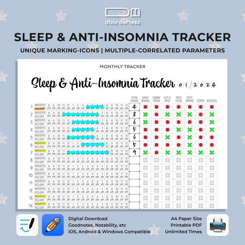 Sleep and Anti-Insomnia Monthly Tracker Marking for hours, weekend, holiday FnB which may cause insomia A4, Digital & Printable PDF zdjęcie 1