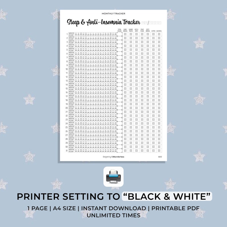 Sleep and Anti-Insomnia Monthly Tracker Marking for hours, weekend, holiday FnB which may cause insomia A4, Digital & Printable PDF image 5