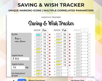 Saving and Wish Monthly Tracker - Your Wish, Targeted Amount and Days - Money Saving, Challenges, Achievement - A4, Digital & Printable PDF