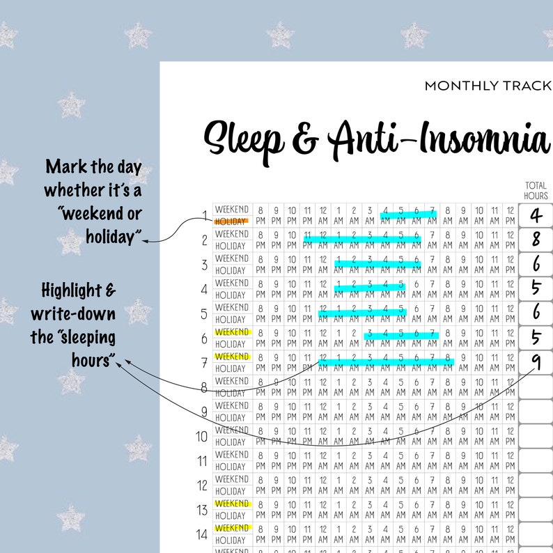 Sleep and Anti-Insomnia Monthly Tracker Marking for hours, weekend, holiday FnB which may cause insomia A4, Digital & Printable PDF image 2