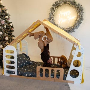 Montessori floor bed, Toddler Bed, Indoor Gym Bed, Wooden Bed, Jungle Gym, Indoor Playhouse, Montessori Bed, Kids Spot bed, Muslin Canopy