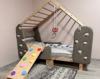 Bed with Rock climbing panels, Bed with soft panels, Kids Gym-Bed, Montessori bed, floor bed