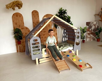 Montessori Toddler Gym Bed, Indoor Climbing Play Gym for Kids, Wooden Activity Frame, Waldorf Play Structure, Motor Skills Development Toy