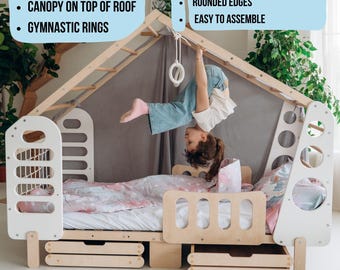 Montessori Toddler Gym Bed with Slide – Wooden Indoor Climbing Bed, Montessori Floor Bed with Rings, Kids Play Bed, Indoor Playground Bed