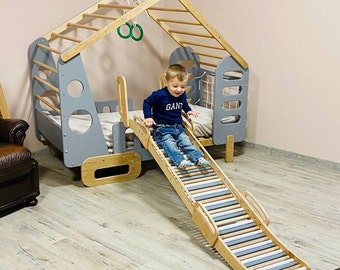 Montessori floor bed and Rolling slide, Jungle Gym, Toddler Bed, Indoor Gym Bed, Indoor Playhouse, Montessori Bed