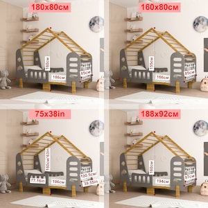 May include: Four different sizes of a wooden children's bed frame with a house-shaped canopy. The bed frame is gray with wooden slats and a ladder. The bed frame is available in the following sizes: 180x80cm, 160x80cm, 75x38in, and 188x92cm.