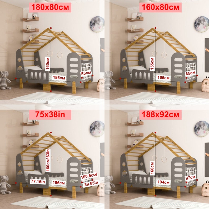 May include: Four different sizes of a wooden children's bed frame with a house-shaped canopy. The bed frame is gray with wooden slats and a ladder. The bed frame is available in the following sizes: 180x80cm, 160x80cm, 75x38in, and 188x92cm.