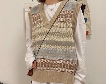 Pull unisexe au crochet, pull sans manches en tricot pour hommes et femmes, gilet tissé à losanges ample