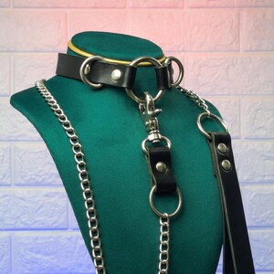 May include: A black leather collar with silver metal rings and a matching leash. The collar is displayed on a green velvet bust, showcasing the design and craftsmanship. A silver chain is attached to the collar.