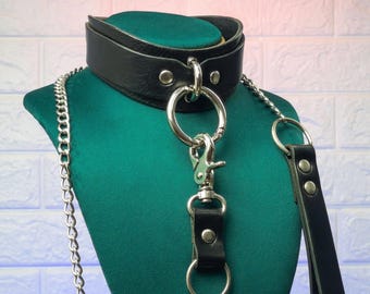 Black Leather Choker Collar with Ring and Leash