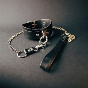 Black leather collar with leash. Silver colored hardware.