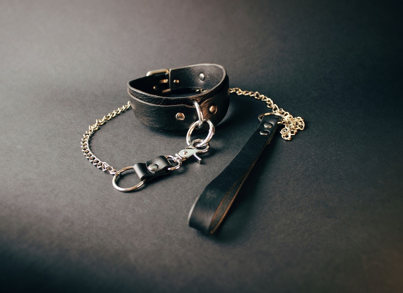 Black leather collar with leash. Silver colored hardware.