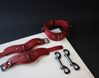BDSM Collar Leather Choker Wrist Cuffs Kit Restraints Bondage