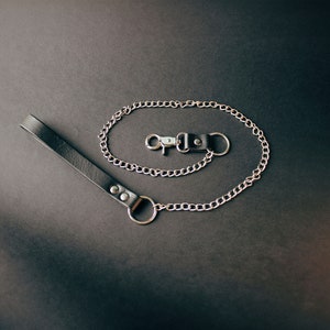 Black leather leash with gold hardware.