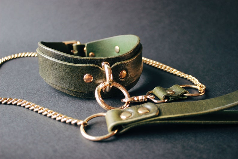 Green collar with gold chain leash