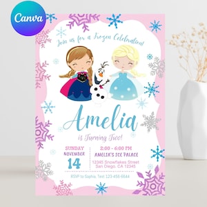 Könnte beinhalten: Eine rechteckige Einladungskarte mit rosa Rand und violetten sowie blauen Schneeflocken. Sie zeigt Zeichentrickfiguren, einen Schneemann und den Text: Join us for a Frozen Celebration! Amelia is Turning Two! Sunday November 14, 2:00-6:00 PM, Amelia's Ice Palace, 12345 Snowflakes Street, San Diego, CA 12345. RSVP to Sophia, Text 123-456-6644.