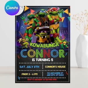 Könnte beinhalten: Eine rechteckige Geburtstagseinladung mit den Teenage Mutant Ninja Turtles und dem Text KOWABUNGA CONNOR IS TURNING 5, SAT, JULY 8TH, CONNOR'S HOUSE, FROM 3 - 6 PM, 123 ANYWHERE ST, ANY CITY, ST 12345, und RSVP TO MOMMY AT 123-456-7890.