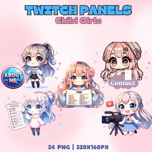 Chibi Girls Twitch panels set, 24 premade custom stream panels, chibi anime girl panel Graphics pack Streaming decorations