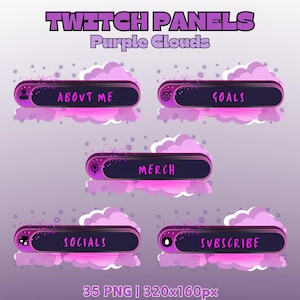 Purple Clouds twitch panels set, 35 premade purple clouds stream panels, Purple panels Graphics pack, Clouds streaming decor