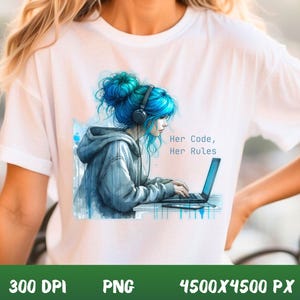 Könnte beinhalten: Eine digitale Illustration einer Frau mit blauen Haaren, die Kopfhörer trägt und an einem Laptop programmiert. Der Text "Her Code, Her Rules" ist auf dem Bild zu sehen.