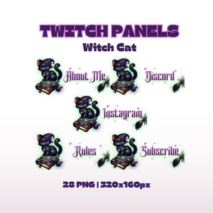 Witch Cat Twitch panels set, 28 premade witch cat custom stream panels, cat-themed Panel Graphics pack, black Cat streaming decor
