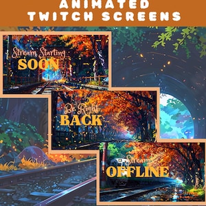 Puede incluir: Tres pantallas de Twitch animadas que muestran una vía de tren con hojas de otoño cayendo. La primera pantalla dice "Stream Starting Soon", la segunda pantalla dice "Be Right Back" y la tercera pantalla dice "Stream Offline".
