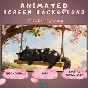 Peut inclure: Fond d'écran animé avec un chat noir et blanc sur une balançoire en bois, sous des cerisiers en fleurs. Le texte indique "Cat's Dreamy Swing", "1920 x 1080 px", "MP4" et "TÉLÉCHARGEMENT NUMÉRIQUE".
