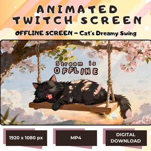 Geanimeerd offline Twitch-scherm: Cat's Dreamy Swing (digitale mp4-download)