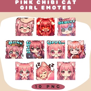 Pink Chibi Cat Girl Emotes | Twitch Streamer Emotes Set | 10 Cute Cat Girl PNG Emotes for Streamers | Chibi Cat Girl Emotes