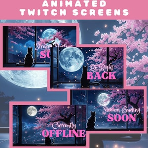 Animated Twitch Streaming Scene, Starting Soon BRB Ending Soon Offline Screens, Cat Overlooking the Moon Streaming Screen, Stream Overlay