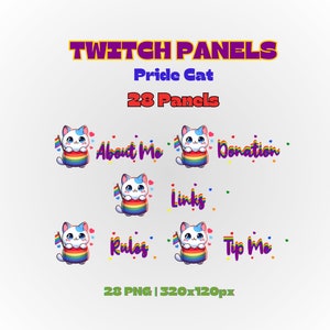 Könnte beinhalten: Set mit 28 Twitch-Panels mit einer Cartoon-Katze, die eine Regenbogenflagge hält. Die Panels enthalten Text wie "Über mich", "Spende", "Links", "Regeln" und "Trinkgeld".